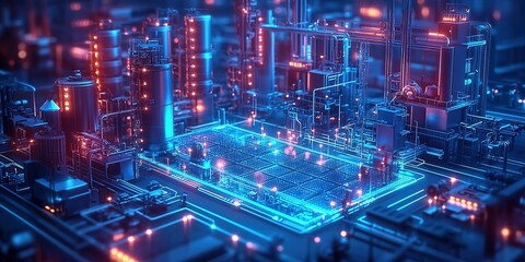 Futuristic cityscape with illuminated structures and intricate circuitry at night