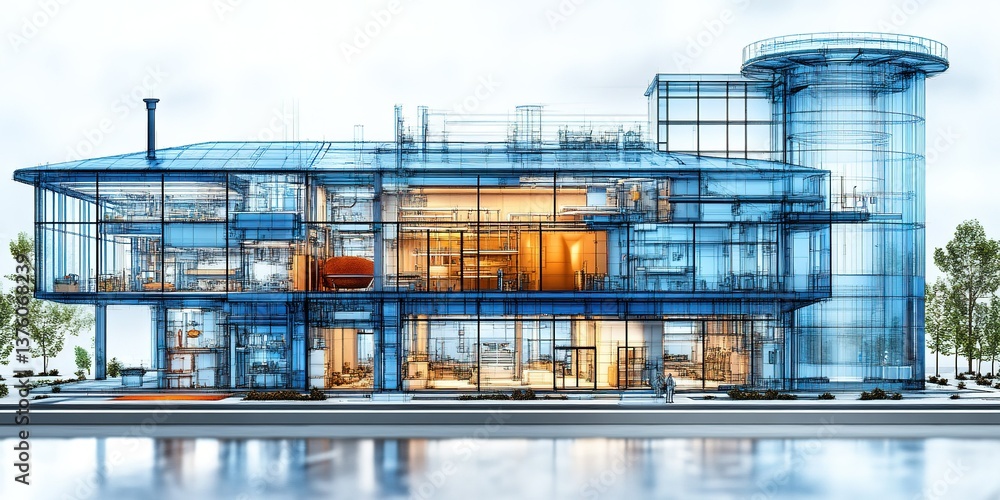 Poster modern architectural design showcasing a transparent house with intricate details and innovative fea