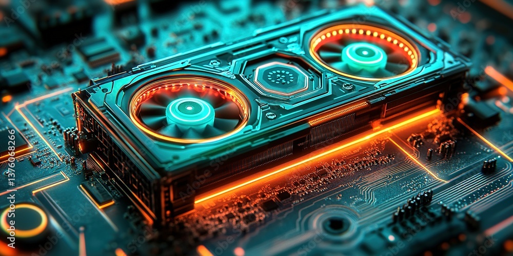 Poster close-up of a high-performance graphics card on a vibrant circuit board in a tech workspace