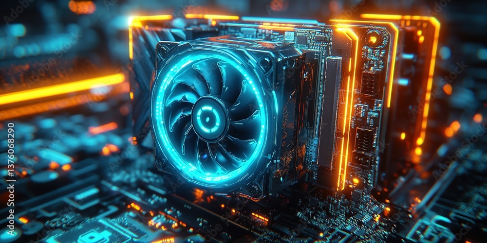 Poster high-tech computer components highlighted with neon lights in a futuristic setting at night