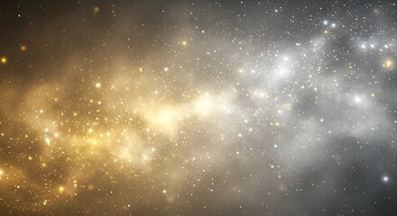 Obraz premium A soft and ethereal cosmic nebula with golden and silver mist, scattered with tiny glowing particles, creating a surreal galactic dreamscape.