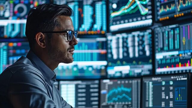 Data analyst monitors multiple dashboards to extract insights and trends for business intelligence solutions