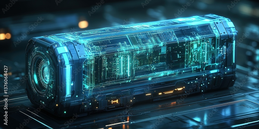 Poster futuristic technology gadget showcasing intricate design and glowing digital elements in a high-tech