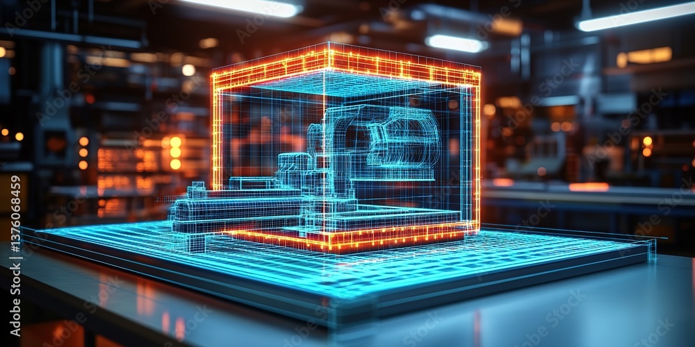 Poster innovative technology in manufacturing with a 3d model of a cnc machine illuminated by neon lights