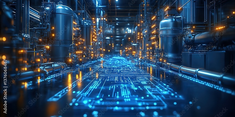 Poster high-tech industrial corridor illuminated by neon lights with digital circuit patterns on the floor 