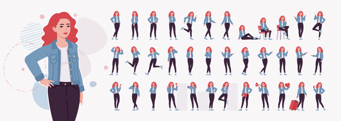 Woman with dyed red hair wearing denim jacket character set. Attractive bright female, trendy sport shoes, jeans for relaxed city life style life bundle, female model posing. Vector illustration