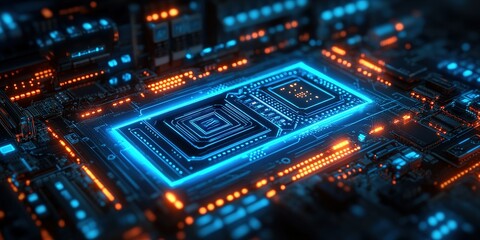 Obraz premium Detailed view of a futuristic circuit board illuminated by blue and orange lights in a digital environment