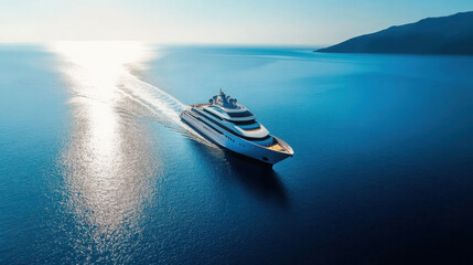 A breathtaking view from a cruise ship's deck, looking out at the clear blue waters and distant islands under the sun,A beautiful view of a luxury cruise ship surrounded by tranquil waters, creating a
