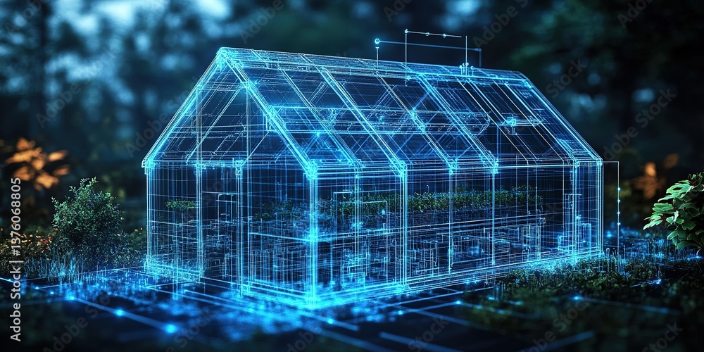 Poster digital representation of a modern greenhouse with transparent design and high-tech features in a fo