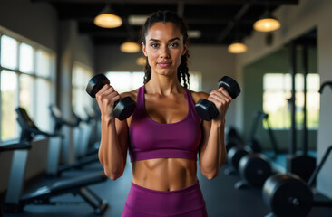 Fototapeta premium Happy sporty woman in purple tracksuit holding dumbbells in hands and doing sports. Sportswoman in gym. Woman sports trainer.