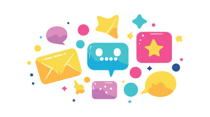 Colorful communication icons, messages, and stars on white background.
