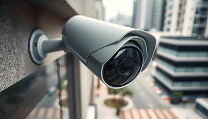 Security camera, surveillance, CCTV, mounted on wall, urban environment, close-up, cylindrical shape, metallic, gray color, blurred background, buildings, city, technology