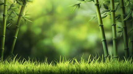 A natural setting with solid green bamboo stalks in the foreground, the texture of the bamboo standing out against the blurred forest backdrop,A natural scene with solid green bamboo, the texture of 
