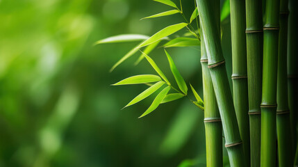 A natural setting with solid green bamboo stalks in the foreground, the texture of the bamboo standing out against the blurred forest backdrop,A natural scene with solid green bamboo, the texture of 
