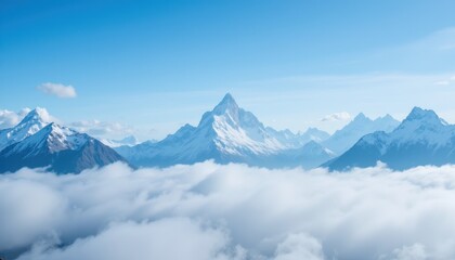 The breathtaking scene of towering snow capped peaks piercing through a sea of ethereal clouds