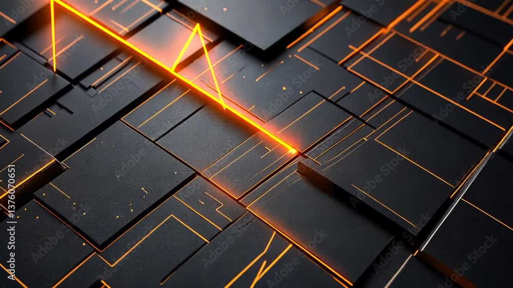 Poster futuristic geometric blocks with dynamic orange light trails abstract design