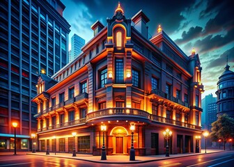 Fototapeta premium Night Cityscape: Intricate Architectural Details in Realistic Lighting