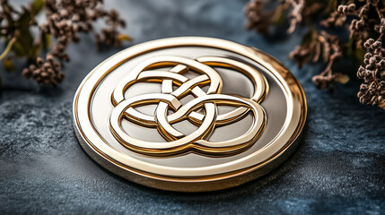 Golden symbol featuring interconnected loops placed on textured background. Subtle botanical elements provide natural touch. Concept of design, symbolism, artistry