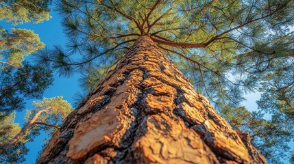 Towering pines reaching towards a vibrant blue sky in a natural forest