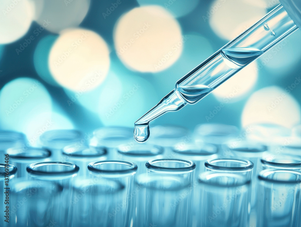 Poster pipette carefully drops liquid into test tubes, showcasing precision in laboratory setting. soft bok