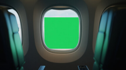 A realistic view of a green screen window inside an aircraft, framed by the sleek, modern interior of the airplane,A modern aircraft window with a green screen, the airplane's clean interior reflectin
