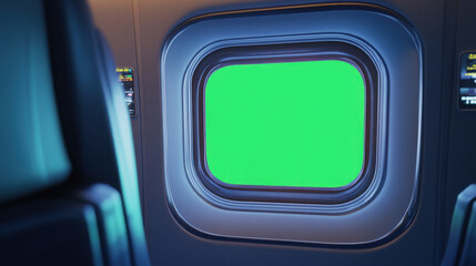A realistic view of a green screen window inside an aircraft, framed by the sleek, modern interior of the airplane,A modern aircraft window with a green screen, the airplane's clean interior reflectin