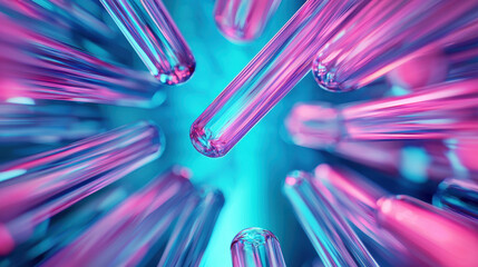 Colorful test tubes create vibrant visual effect, showcasing dynamic arrangement with blend of pink and blue hues
