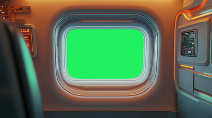 A realistic view of a green screen window inside an aircraft, framed by the sleek, modern interior of the airplane,A modern aircraft window with a green screen, the airplane's clean interior reflectin