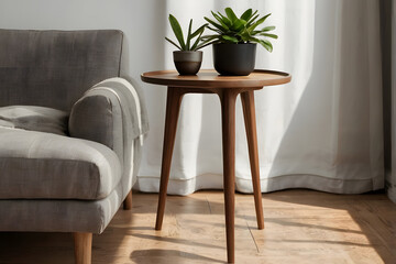 a minimalist wooden side table with a small potted green plant.