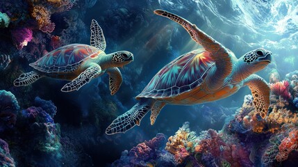 Two sea turtles swimming gracefully near colorful ocean coral reefs