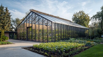 Fototapeta premium Modern greenhouse exterior showcasing plant cultivation under glass structure