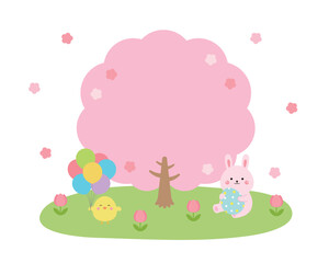 An Easter concept with a rabbit holding an egg and a chick holding a balloon under a cherry blossom tree. Easter is a time to celebrate the resurrection and bless each other by exchanging eggs.
