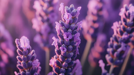 Stunning close-up of vibrant purple lavender flowers in a field, bathed in soft sunlight.  Perfect for relaxation, aromatherapy, and nature themes.