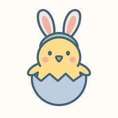 Flat design icon of a baby chick with bunny ears hatching from a pastel egg. The chick has a cute face with rosy cheeks and soft bunny ears on a headband. Outline pastel style on a white background