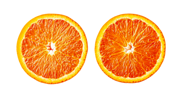 Two cross sections of orange, cut out transparent