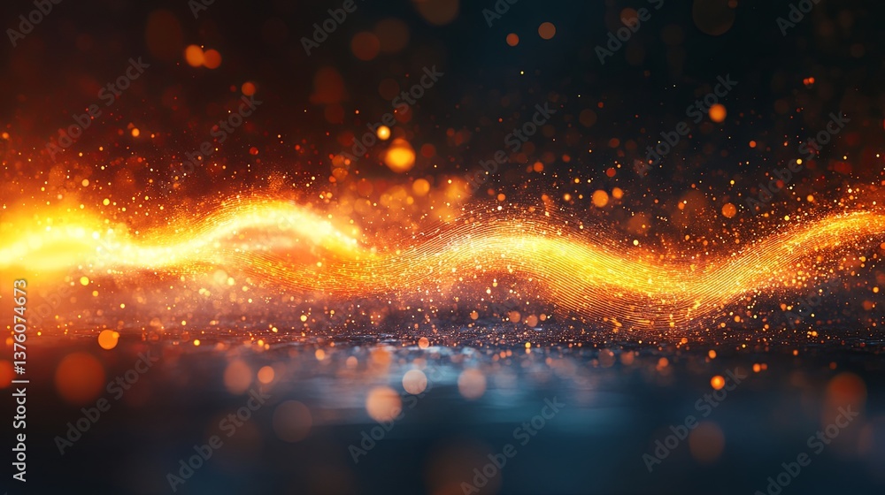 Poster dynamic orange and gold wave of light creating a mesmerizing pattern in a dark background at night