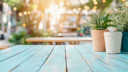 Fototapeta premium Summer Cafe Scene: Turquoise Table with Potted Plants and Festive Lights