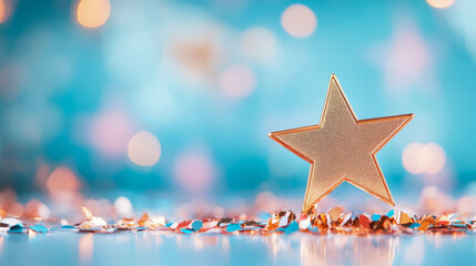 Celebration: Golden star award on reflective surface amidst confetti for a special event card