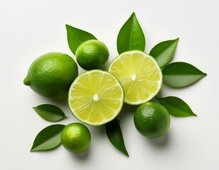  limes with green leaves on white background. Top view