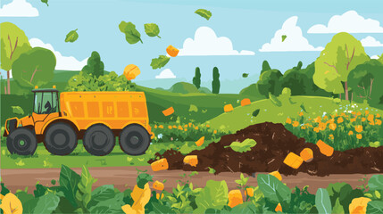 Suburban farming scene with tractors, cityscape background, and birds in flight.