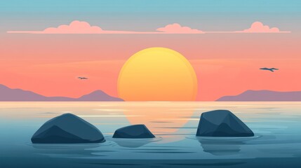 Serene sunset over calm water with rocks and distant mountains.