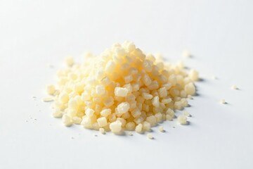 Crystalline sugar granules, pure white background, natural, organic, confectionery