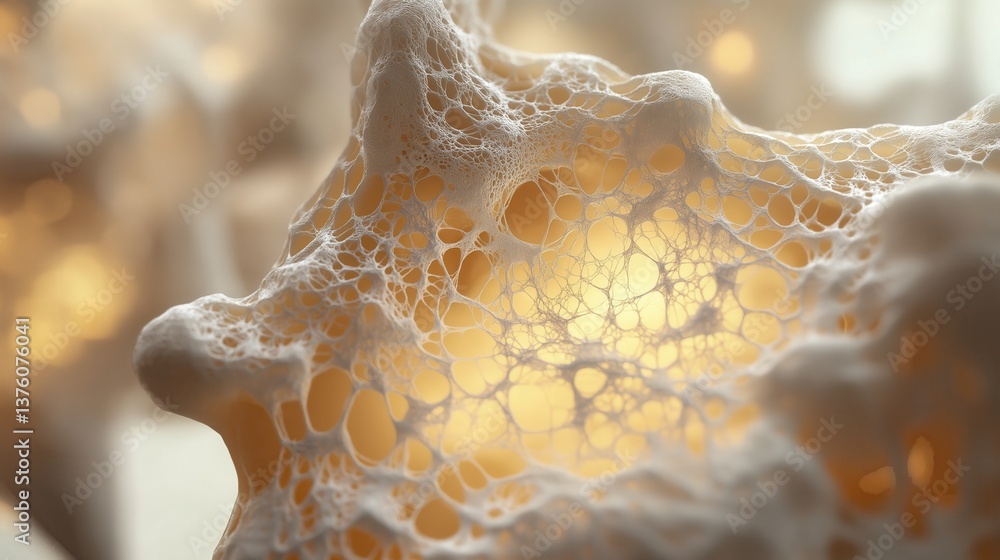 Poster close-up 3d abstraction of a porous organic structure with intricate, lace-like networks, resembling