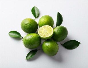  limes with green leaves on white background. Top view