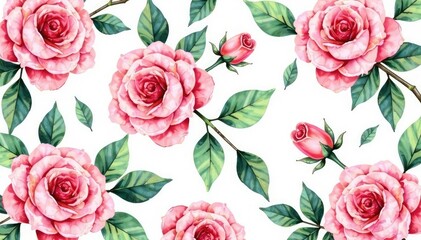 Delicate watercolor roses & leaves, repeating pattern, beautiful, watercolor
