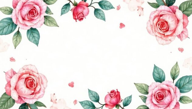 Delicate watercolor roses & leaves, repeating floral design, green, repeat, background