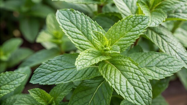 Fototapeta Fresh green mint leaves growing in a garden, Ideal for themes related to herbal medicine, organic gardening, fresh ingredients, and natural remedies.