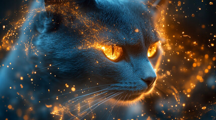 Mystical cat surrounded by glowing particles at night