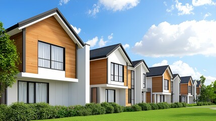 Sustainable homes insulation concept. Modern houses with wooden facades under a bright blue sky.