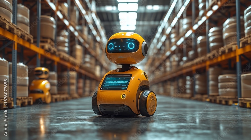 Poster Robots navigate efficiently through a state of the art warehouse, enhancing logistics operations and streamlining fulfillment processes in a high capacity environment.